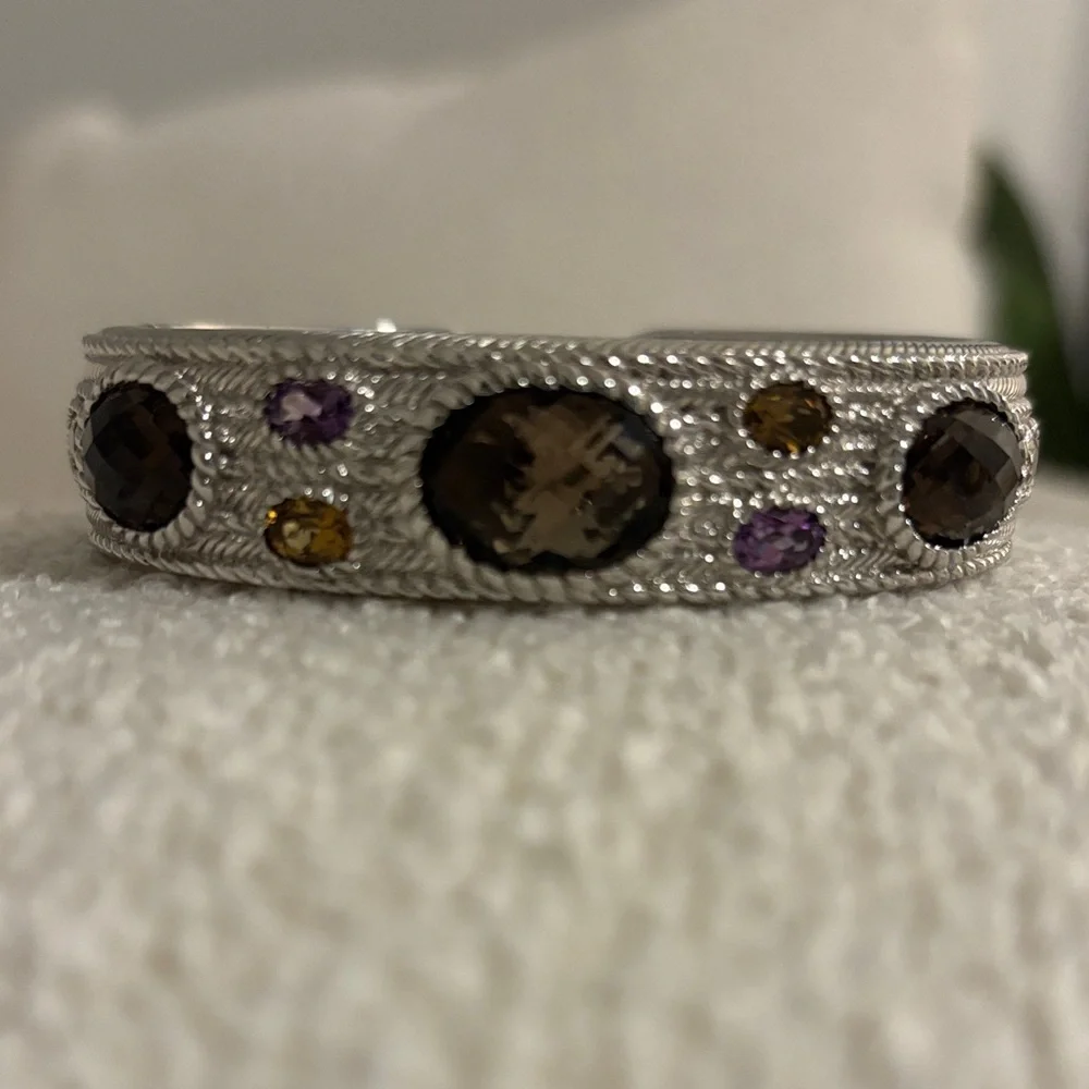 Judith Ripka Silver Gemstone Cuff Bracelet - Smoky Quartz, Amethyst, Citrine - Picture 1 of 6